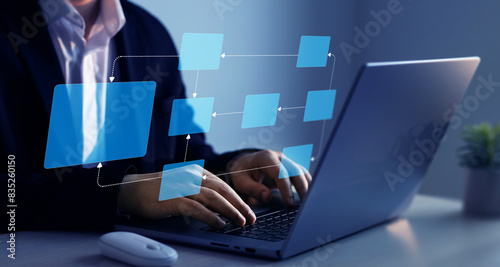 Scheme hierarchy management of corporate. Digital technology of business process and workflow automation with flowchart and processing management. photo