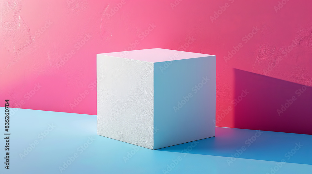A white cube is sitting on a blue background A white cube is sitting on a blue background