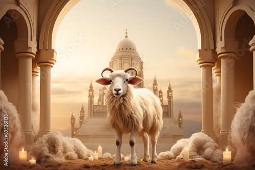 Goat Qurban Eid al adha mubarak festival islamic background, Witness heartfelt Eid celebration moments during Bakra Eid as people participate in age-old traditions, Arabic lantern design