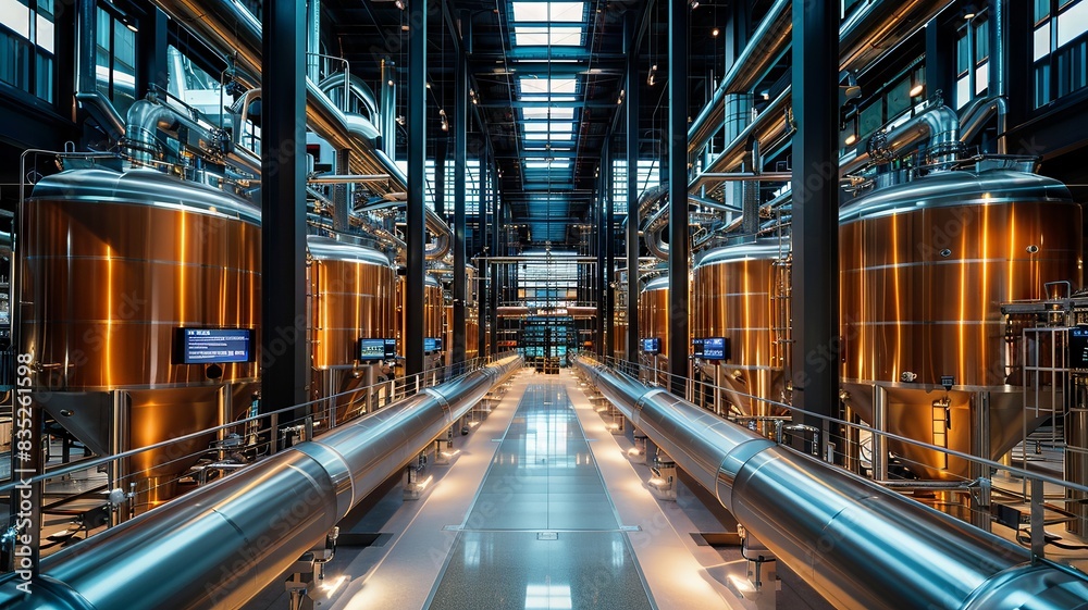 Inside a modern brewery showcasing gleaming metal vats and intricate piping providing a glimpse into beer production