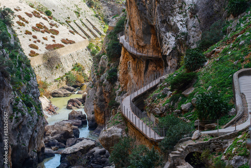 Caminito Del Rey (Royal Trail or The King's Little Path) is a mountain path along steep cliffs in Gorge Chorro, Andalusia, Spain. Walkway pinned along the steep walls of a narrow gorge.