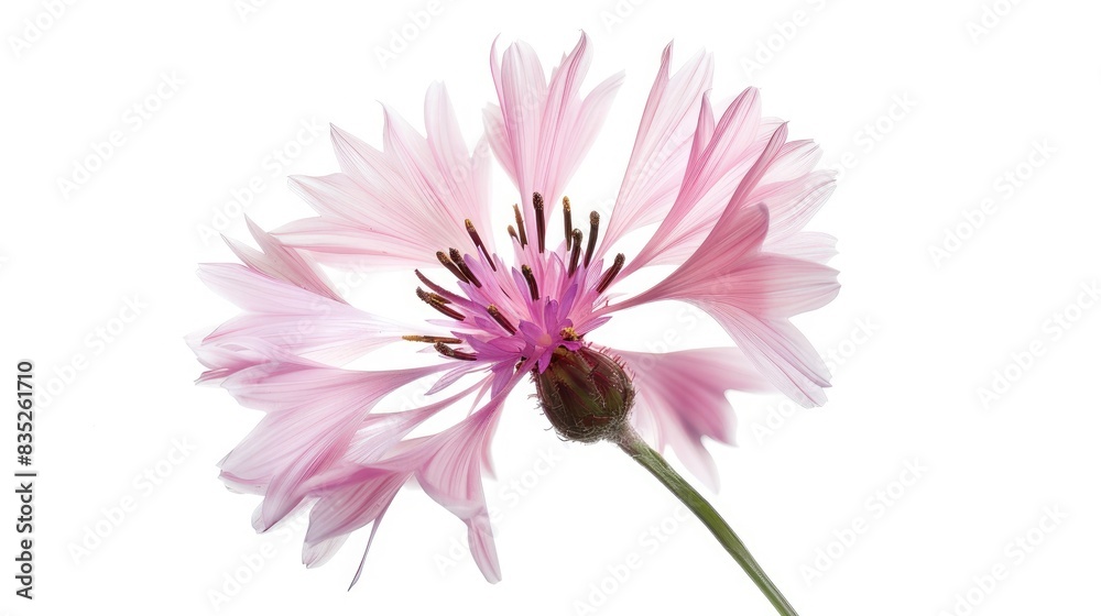 A close-up of a pink cornflower with delicate petal veins, beautifully set against a white background A close-up of a pink cornflower with delicate petal veins, beautifully set against a white background