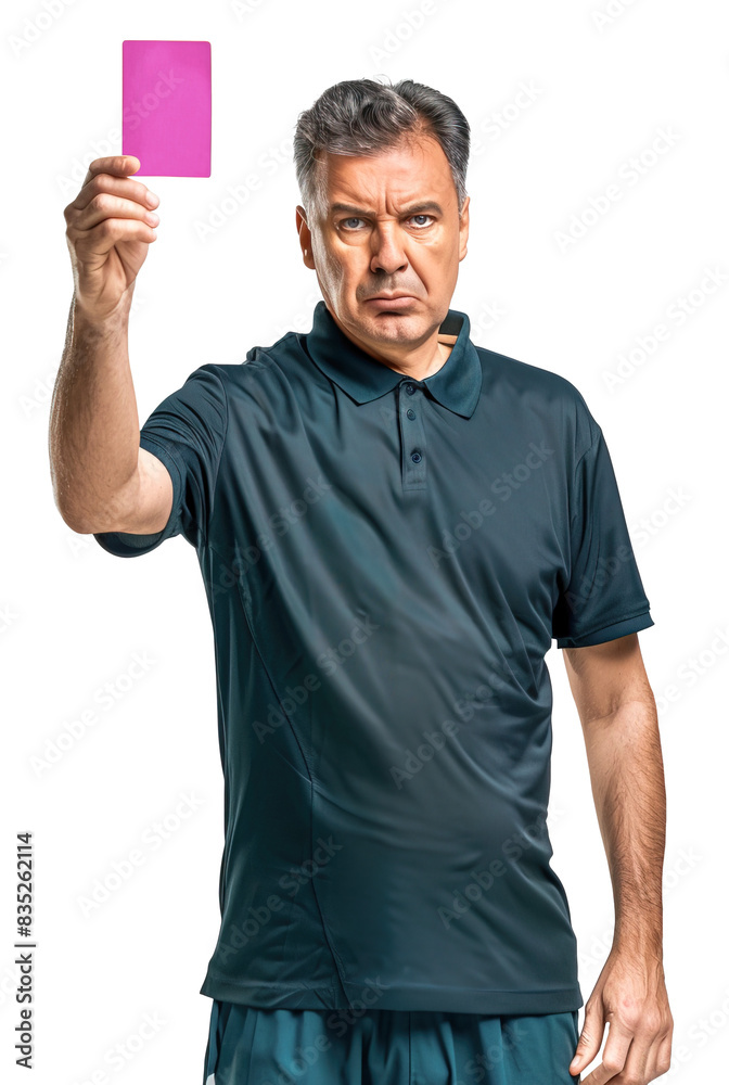 Angry soccer referee showing pink card posing over isolated transparent background Angry soccer referee showing pink card posing over isolated transparent background