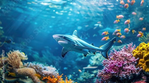 Fototapeta Naklejka Na Ścianę i Meble -  Amazing A stunning underwater view of sharks swimming among vibrant coral reefs