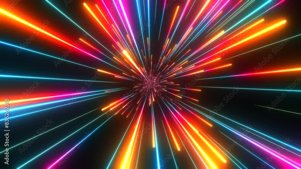 Bright radial light beams. Abstract background in blue and orange neon glow color. Light burst in universe. Space background for event, party, carnival, celebration, anniversary or other. 3D rendering