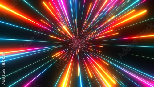 Bright radial light beams. Abstract background in blue and orange neon glow color. Light burst in universe. Space background for event, party, carnival, celebration, anniversary or other. 3D rendering