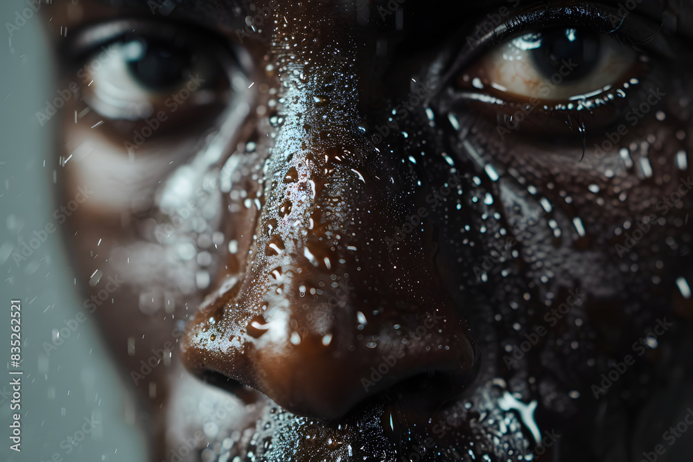 A stunning close-up of a player's determined face, with beads of sweat and a solid gray background A stunning close-up of a player's determined face, with beads of sweat and a solid gray background