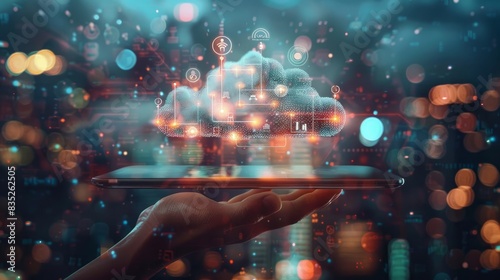 Depicting a smart city concept with skyscrapers and digital cloud technology icons on a tablet screen held by a businessman against a cityscape backdrop. © Elchin Abilov