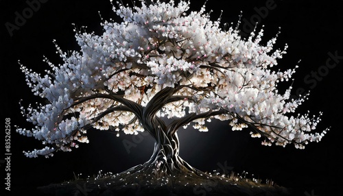 大きな桜の木、黒めの背景、少し幻想的な雰囲気、スタイリッシュでクールに表現　Generated by AI photo