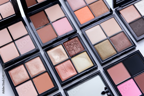 Close-up of various contouring palettes and highlighters with rich colors, arranged on a white background. Generative AI photo