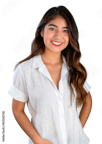 Latin American young woman wearing short sleeve white shirt posing with a smile over isolated transparent background