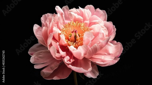 Pink peony flower isolated against a black backdrop in a close up shot