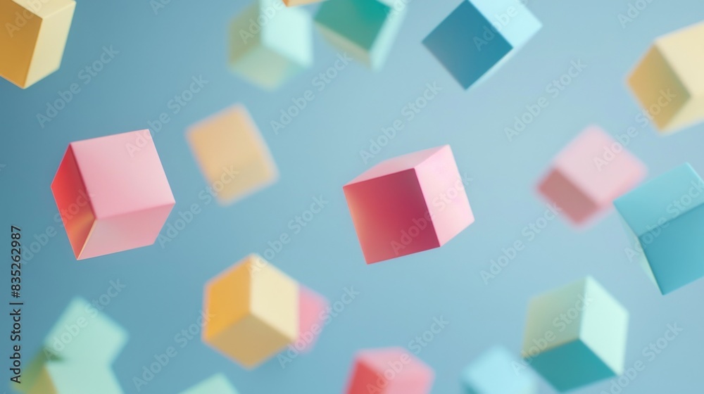 Obraz premium Floating colorful cubes on blue background, abstract geometric pattern. Modern 3d illustration concept