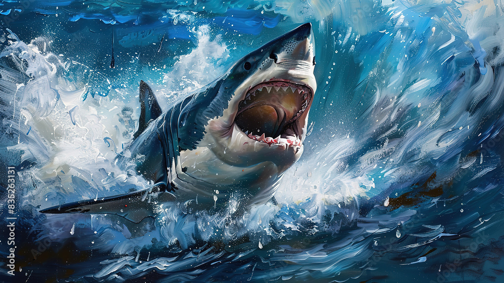 Obraz premium Glorious A cartoon shark with a shark head and teeth showing