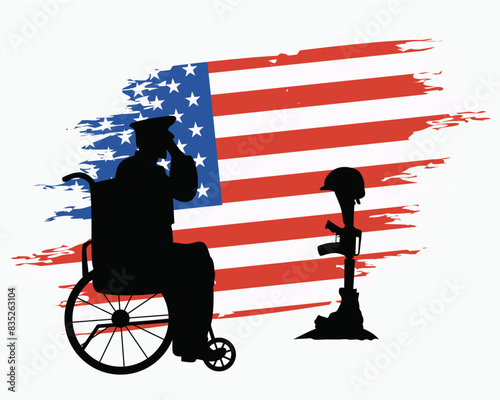 Senior veteran soldier in wheelchair saluting battle cross of fallen hero with American flag background. Silhouette design honoring veterans.