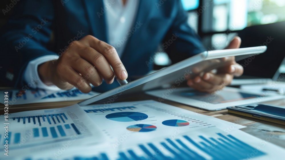 Engaged in business analysis and trading, a finance analyst uses a digital tablet to examine financial graphs and market reports, against a backdrop of business and technology. Engaged in business analysis and trading, a finance analyst uses a digital tablet to examine financial graphs and market reports, against a backdrop of business and technology.