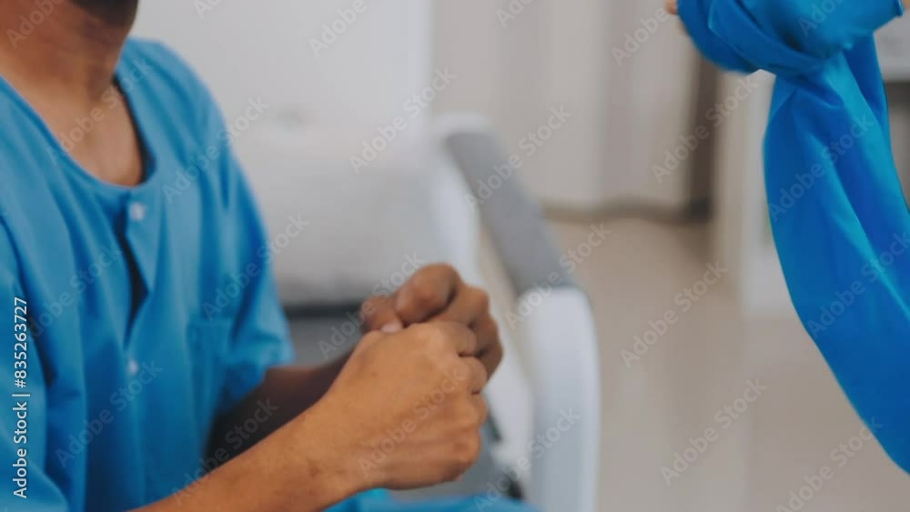 Doctor or Physiotherapist working examining treating injured arm of athlete male patient, stretching and exercise, Doing the Rehabilitation therapy pain in clinic. Doctor or Physiotherapist working examining treating injured arm of athlete male patient, stretching and exercise, Doing the Rehabilitation therapy pain in clinic.