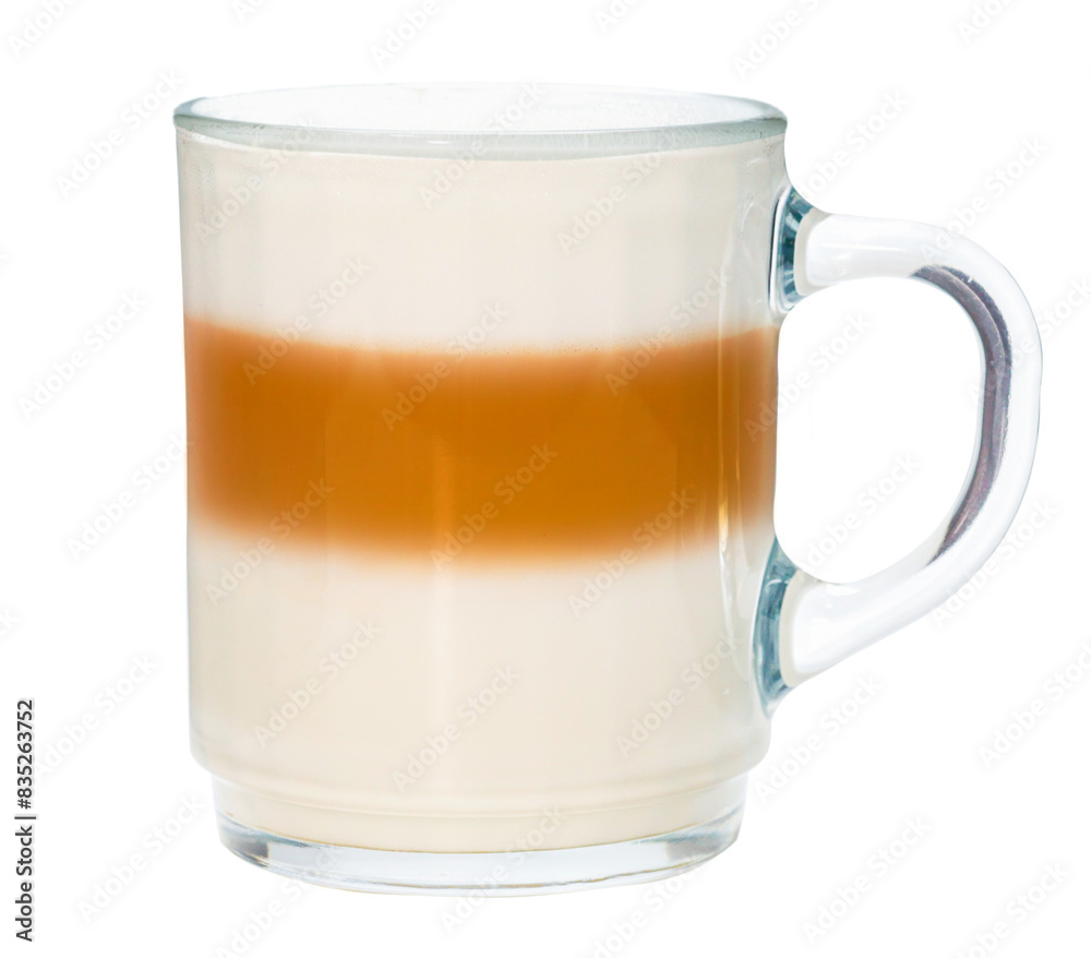 closeup coffee layer hot latte macchiato with milk foam in transparent glass isolated on white background. closeup coffee layer hot latte macchiato with milk foam in transparent glass isolated on white background.