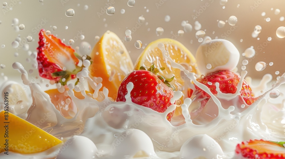 Splash of milk and fruit With strawberries, oranges, lemons, water drops, studio lights and pastel backgrounds. white chocolate Splash of milk and fruit With strawberries, oranges, lemons, water drops, studio lights and pastel backgrounds. white chocolate