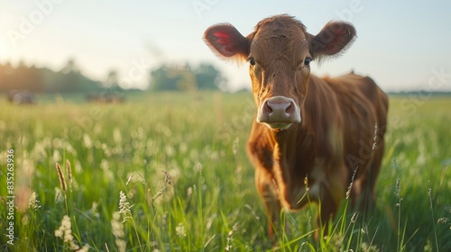 Young brown calf standing in a green meadow during sunset. Concept of agriculture, farm animals, countryside living, cow, and rural lifestyle. Copy space