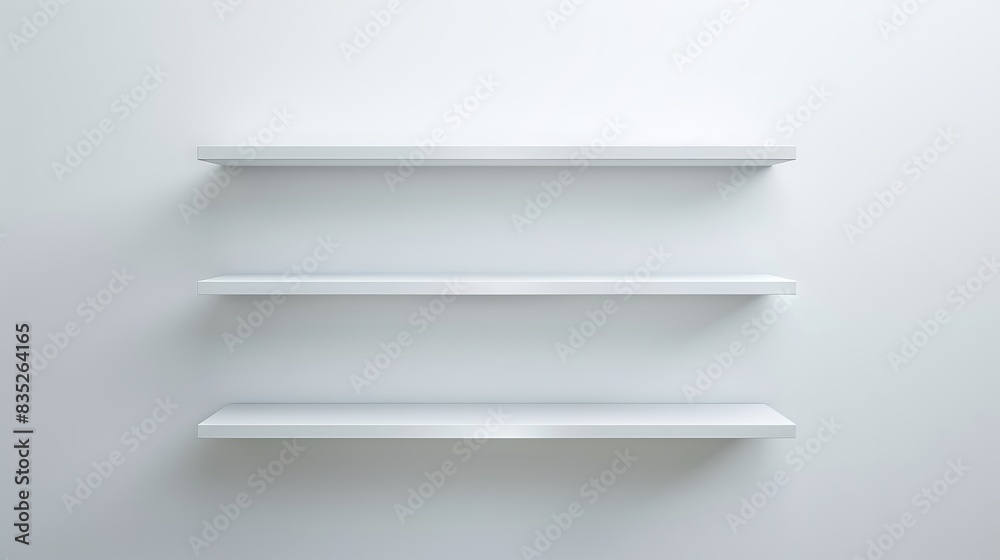 Three empty white floating shelves on a plain white wall Minimalist design Concept of organization storage modern interior simplicity. Copy space. Mockup Three empty white floating shelves on a plain white wall Minimalist design Concept of organization storage modern interior simplicity. Copy space. Mockup