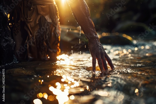 Crossing the Rubicon River: Julius Caesar's Hand Touches the Water, Symbolizing His Historic Decision That Changed the Course of Roman History. photo