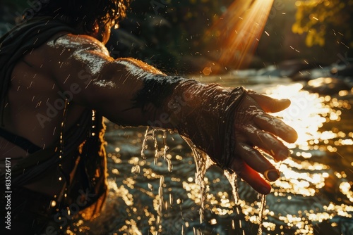 Crossing the Rubicon River: Julius Caesar's Hand Touches the Water, Symbolizing His Historic Decision That Changed the Course of Roman History. photo