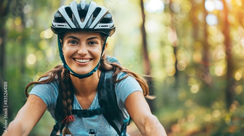Female cyclist riding on a road through a forest. Young woman athlete in a helmet. Concept of sports, cycling, fitness, outdoor activity