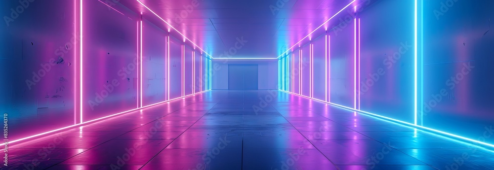 Futuristic neon-lit corridor with reflections on shiny floor. Concept of modern architecture, vibrant atmosphere, urban design, nightlife. Banner Futuristic neon-lit corridor with reflections on shiny floor. Concept of modern architecture, vibrant atmosphere, urban design, nightlife. Banner
