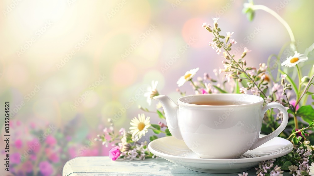 A cup of herbal tea with a teapot and flowers, set against a soft pastel background with copy space on the left A cup of herbal tea with a teapot and flowers, set against a soft pastel background with copy space on the left