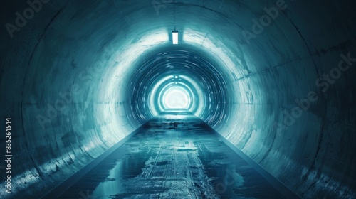 Underground tunnel with glowing light. Concept of passage, future, industrial design, and futuristic architecture. Light at the end of a tunnel