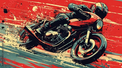 Digital art of a motorcyclist racing on a high-speed bike. Concept of motorsport, speed, adrenaline, dynamic art. Vibrant painting with abstract splashes photo