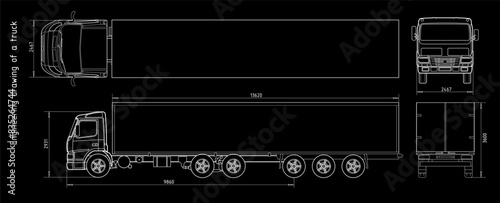 Vector engineering drawing of truck with trailer 
with dimensional lines
and numerical values of vehicle dimensions.
Cad scheme. Mechanical background. Design documentation.