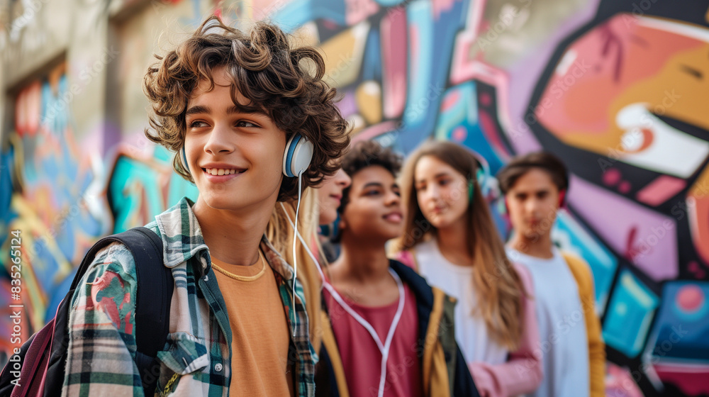Happy teens with murals