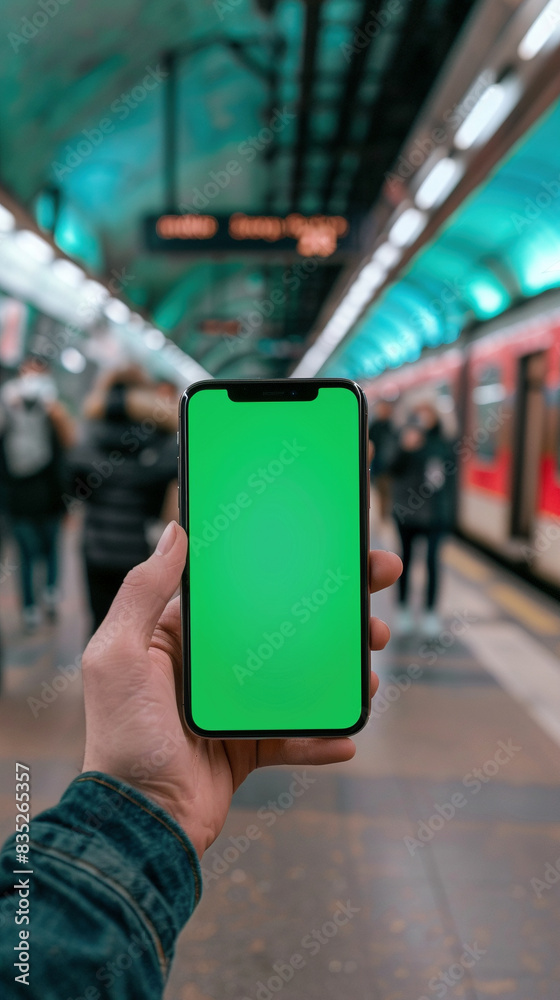 Hand Holding Smartphone with Green Screen in Subway Station Hand Holding Smartphone with Green Screen in Subway Station
