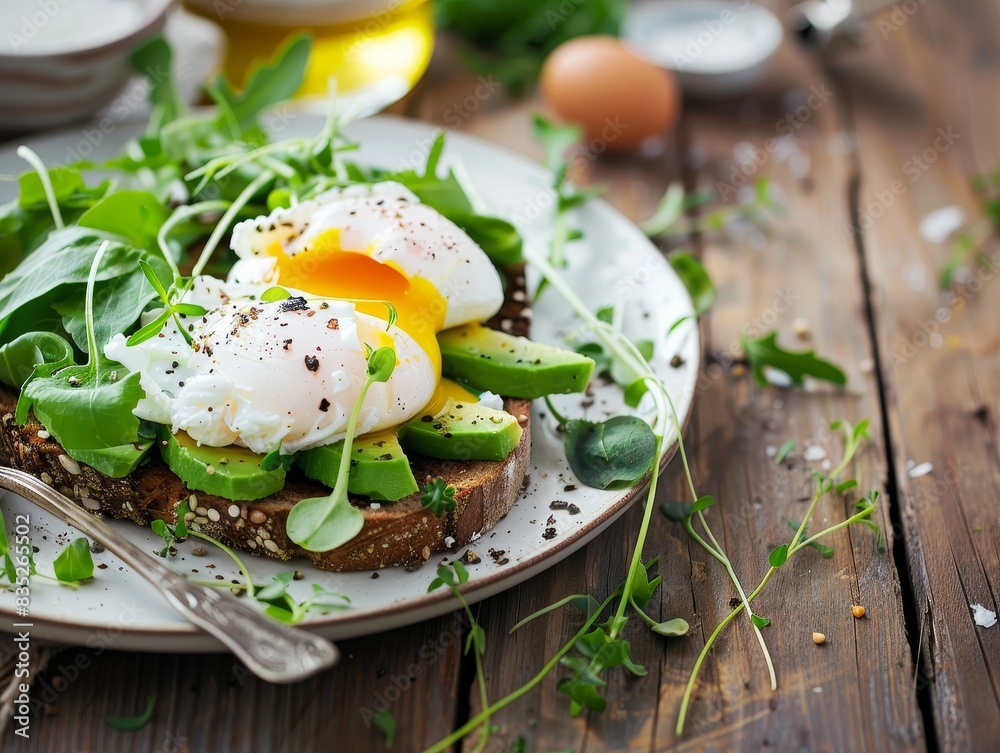 A plate of avocado toast with poached eggs and greens, with copy space above A plate of avocado toast with poached eggs and greens, with copy space above