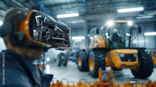 Inside a maintenance garage a team of experts use virtual reality technology to simulate complex repairs on large farming equipment.