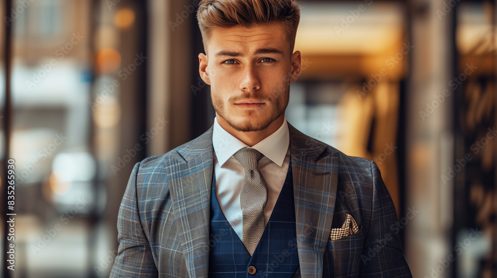 A man in a suit and tie stands in front of a window. He is wearing a blue vest, a tie with a blue stripe. a young guy with very short dark blonde hair, round face, a three piece suit A man in a suit and tie stands in front of a window. He is wearing a blue vest, a tie with a blue stripe. a young guy with very short dark blonde hair, round face, a three piece suit
