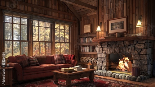 Rustic Cabin Retreat: Illustrate a cozy rustic cabin retreat with a roaring fireplace, wooden interiors, and scenic views, perfect for vacation rentals and relaxation themes.