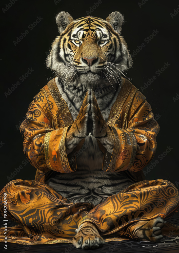 tiger in a silk robe sits in the lotus position on a black background, meditation, illustration, harmony, logo, yoga, Buddhism, Hinduism, animal, predator, wild cat, character, cartoon, zen, calm