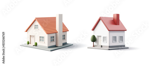 Set of realistic houses, 3D. Real estate, construction, rent, sale, security. 3D rendering on a white background. Vector