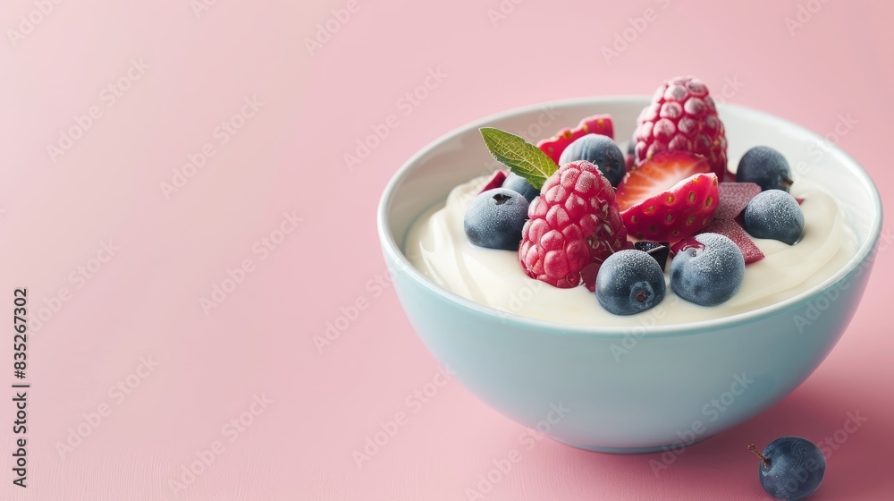 A bowl of creamy yogurt with fresh berries and honey, set against a bright background with copy space on the left A bowl of creamy yogurt with fresh berries and honey, set against a bright background with copy space on the left
