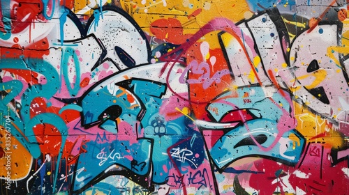 Urban Graffiti: Depict a vibrant urban graffiti scene with bold street art, expressive murals, and a gritty urban backdrop,