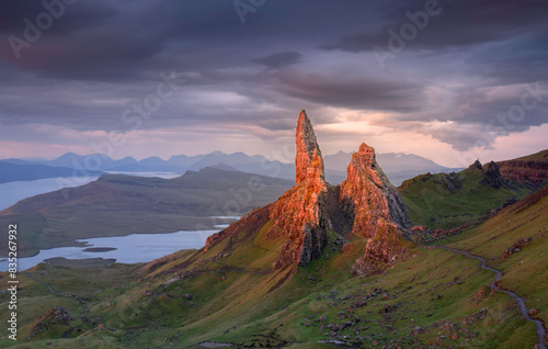Sunrise at the on man of Storr, located on the Isle of Skye, Scotland.