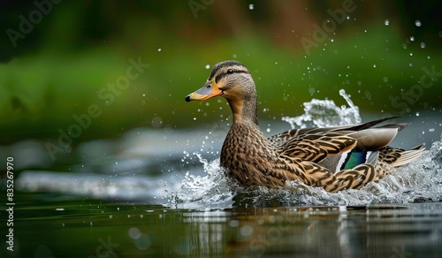 Graceful duck splashing in serene pond waters © Viam