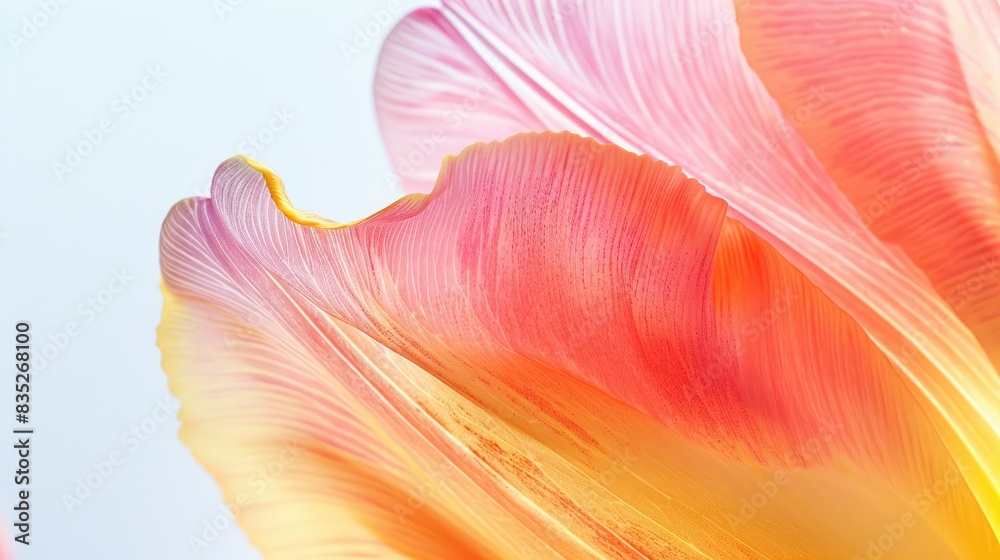A close-up shot of a yellow and pink gradient tulip, with the petals creating a beautiful color blend against a white backdrop A close-up shot of a yellow and pink gradient tulip, with the petals creating a beautiful color blend against a white backdrop