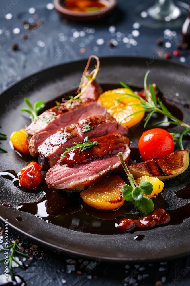 A gourmet duck breast dish with orange sauce and vegetables, displayed on a dark plate with ample copy space around