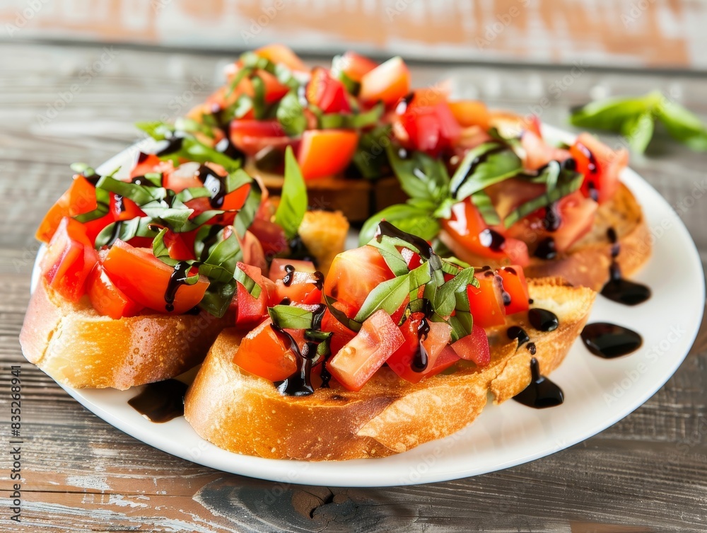 A plate of bruschetta with tomatoes, basil, and balsamic glaze, with copy space above A plate of bruschetta with tomatoes, basil, and balsamic glaze, with copy space above