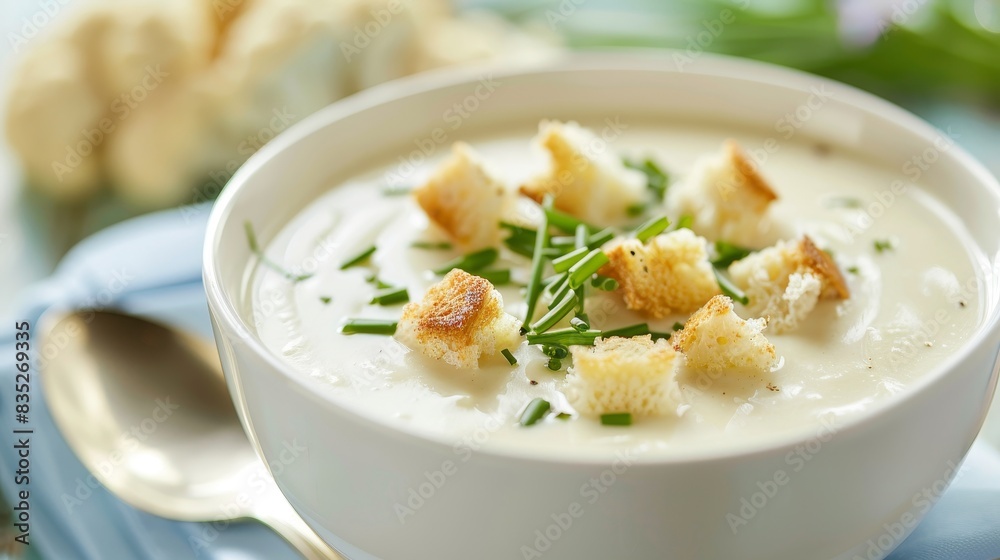 A bowl of creamy cauliflower soup with chives and croutons, set against a bright background with copy space on the left A bowl of creamy cauliflower soup with chives and croutons, set against a bright background with copy space on the left