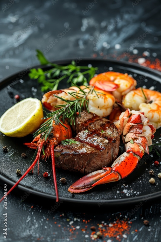A gourmet surf and turf dish with steak and lobster, displayed on a dark plate with ample copy space around A gourmet surf and turf dish with steak and lobster, displayed on a dark plate with ample copy space around
